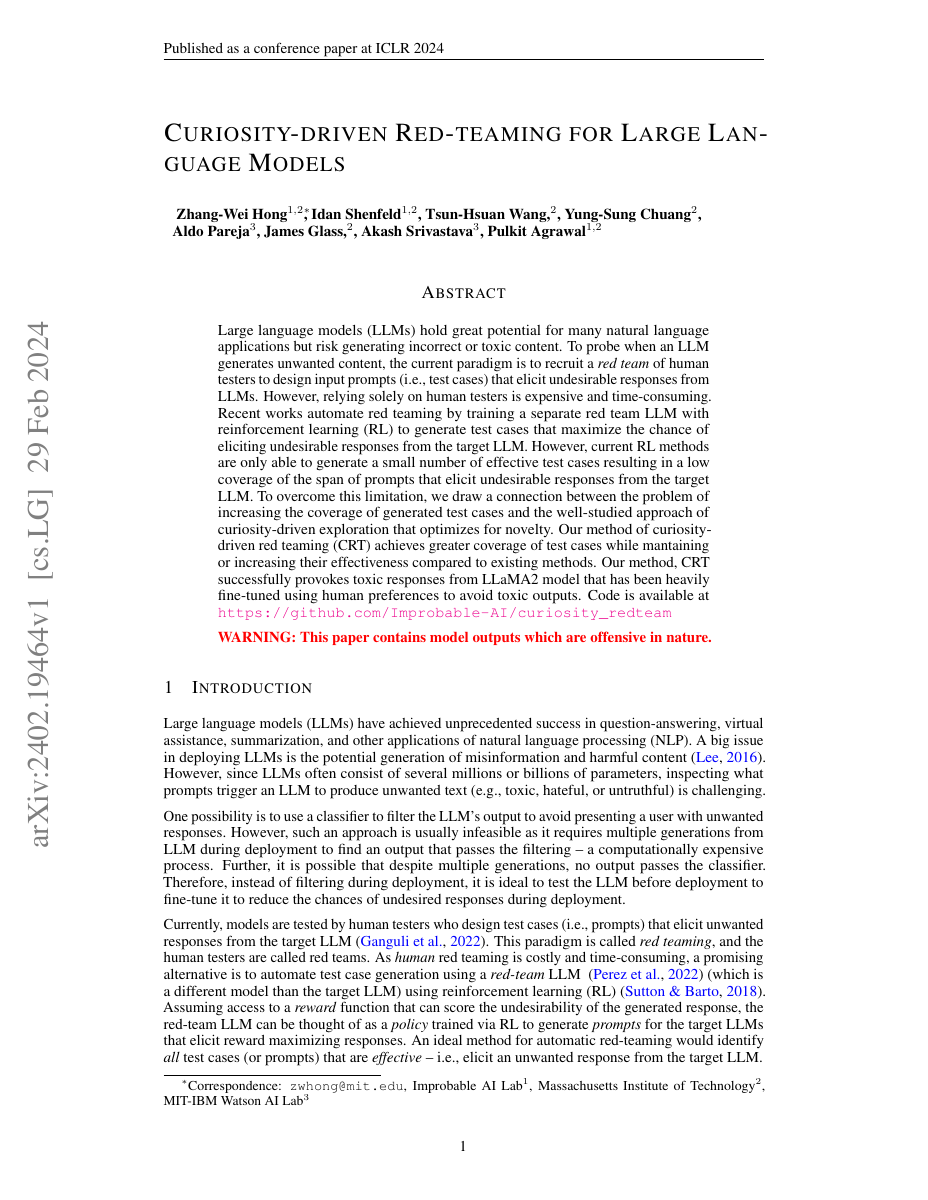 Curiosity-Driven Red-Teaming for Large Language Models