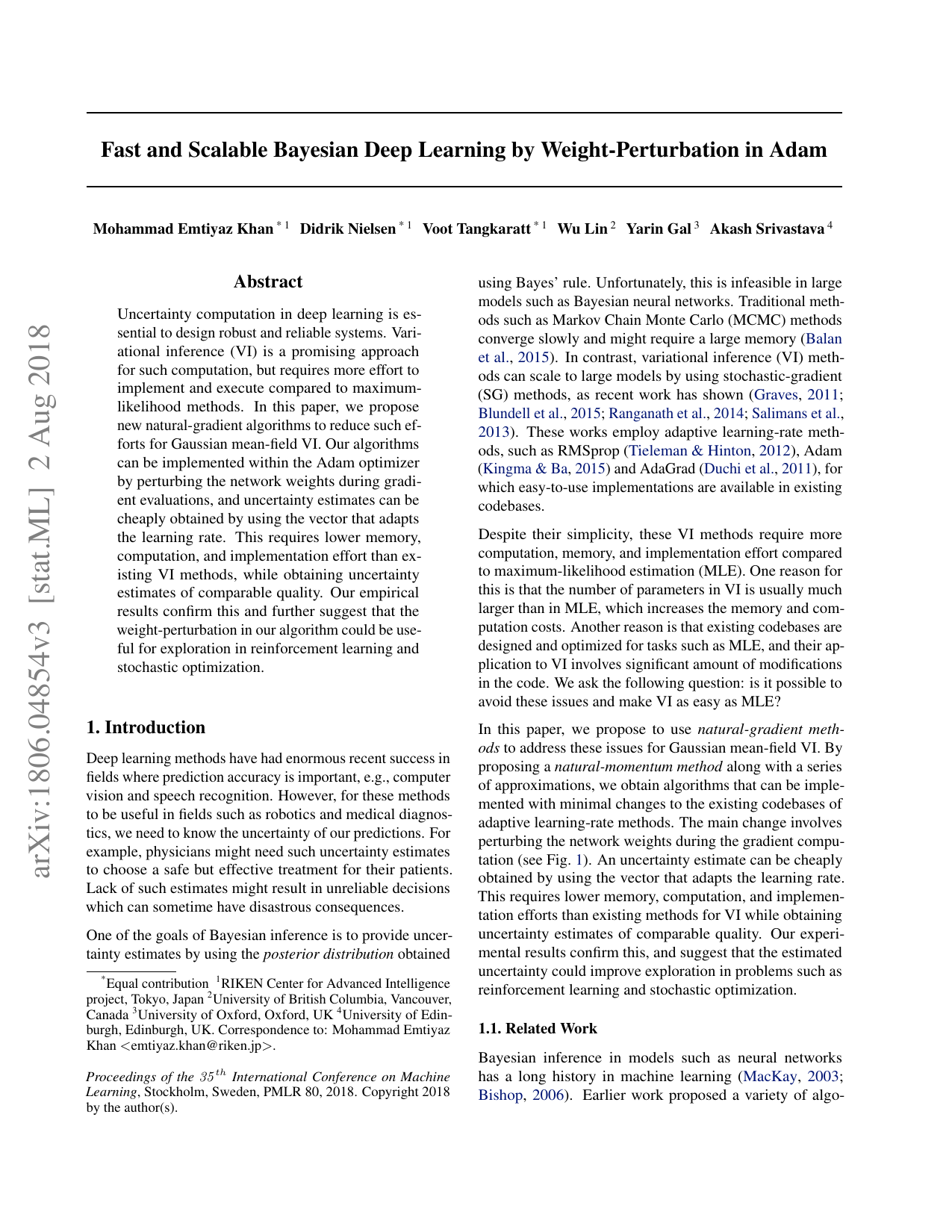 Fast and Scalable Bayesian Deep Learning by Weight-Perturbation in Adam
