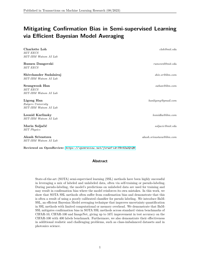 Mitigating Confirmation Bias in Semi-Supervised Learning via Efficient Bayesian Model Averaging