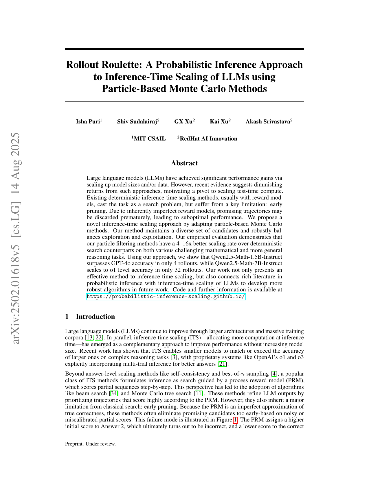 Rollout Roulette: A Probabilistic Inference Approach to Inference-Time Scaling of LLMs