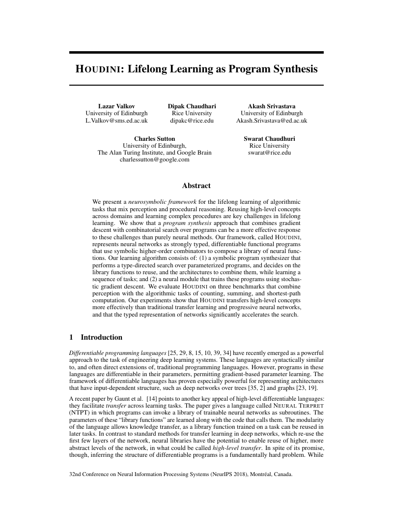 Houdini: Lifelong Learning as Program Synthesis