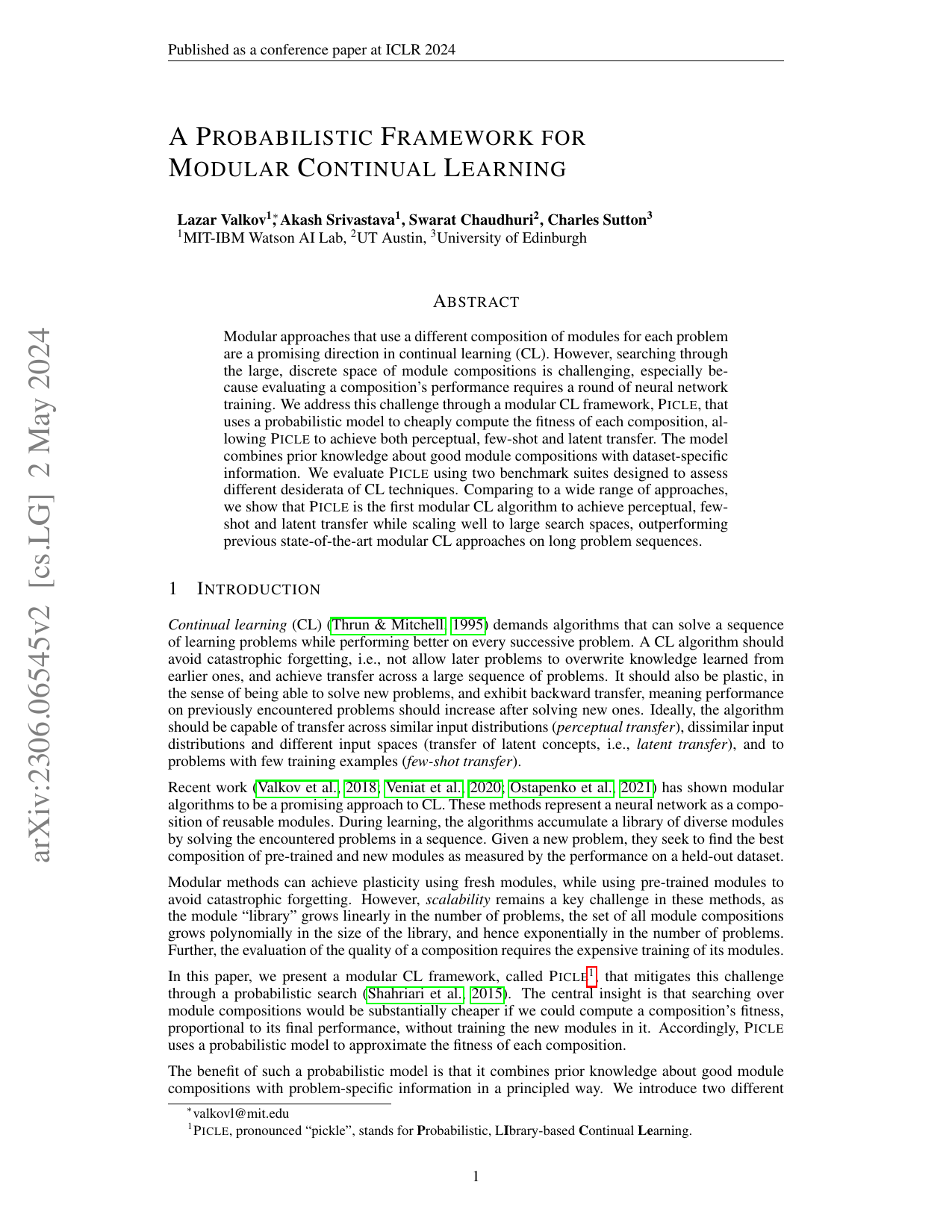 A Probabilistic Framework for Modular Continual Learning